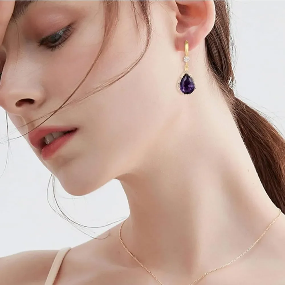 14K Yellow Gold and Purple Amethyst Cubic Zirconia Teardrop Hook Dangle Earrings